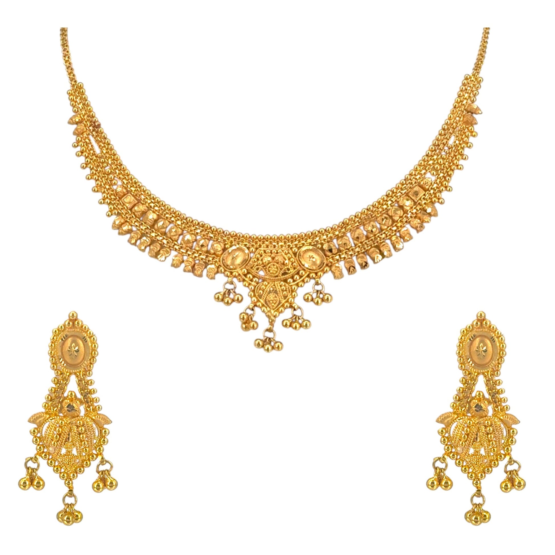 22kt gold ladies necklace set RJOMS3018 featuring classic beaded detailing, traditional charm drops, and matching earrings – Regal Jewels Chicago