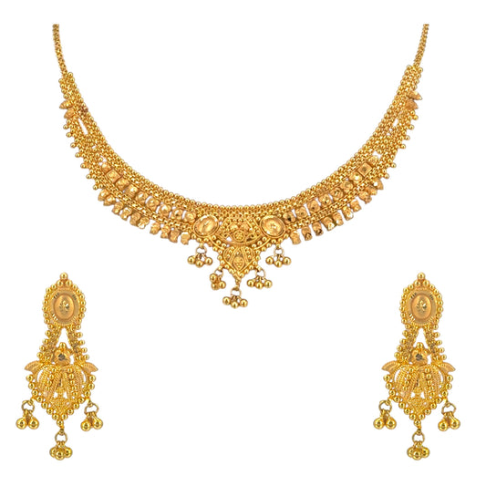 22kt gold ladies necklace set RJOMS3018 featuring classic beaded detailing, traditional charm drops, and matching earrings – Regal Jewels Chicago