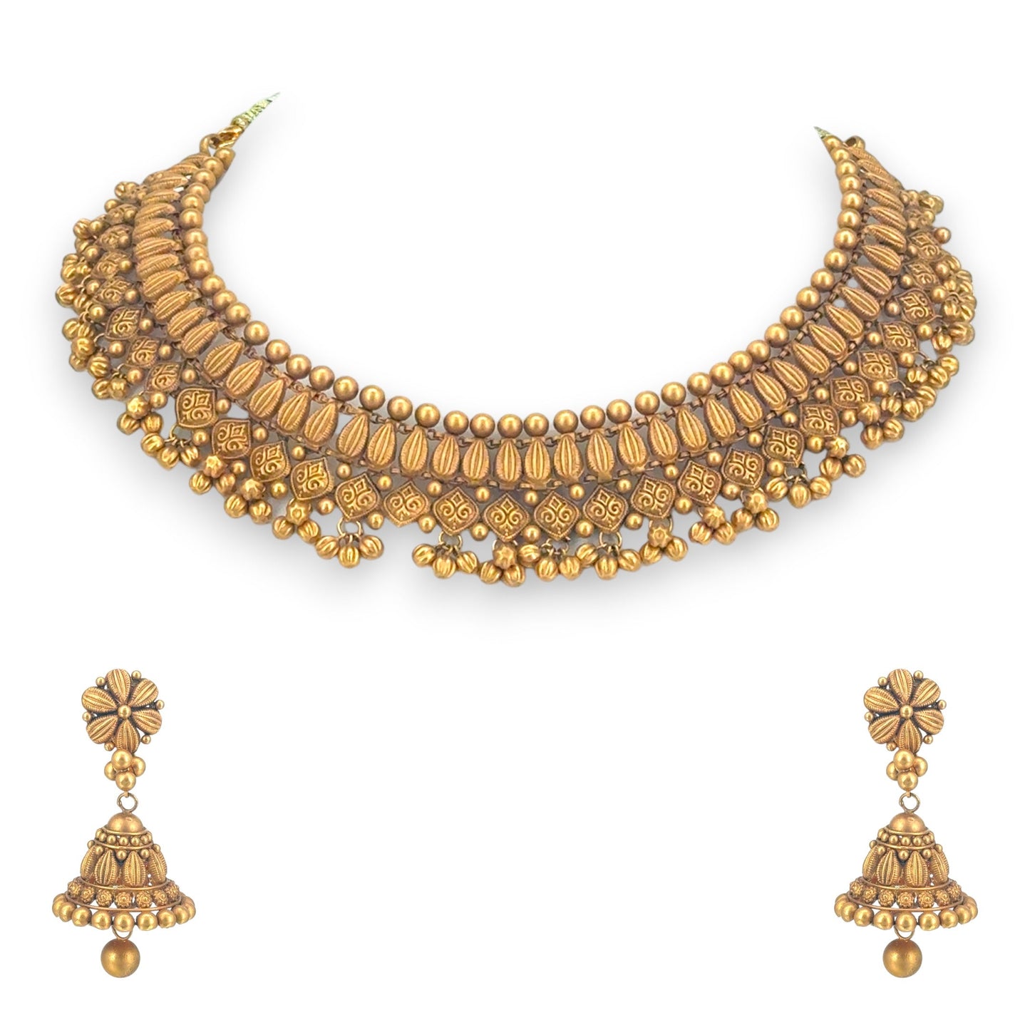 22kt gold antique necklace set RJOMS3020 with matte finish, floral detailing, and traditional jhumka earrings – Regal Jewels Chicago