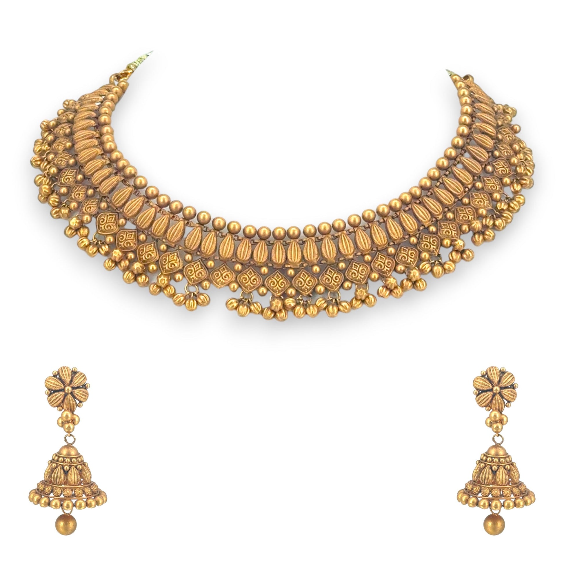 22kt gold antique necklace set RJOMS3020 with matte finish, floral detailing, and traditional jhumka earrings – Regal Jewels Chicago