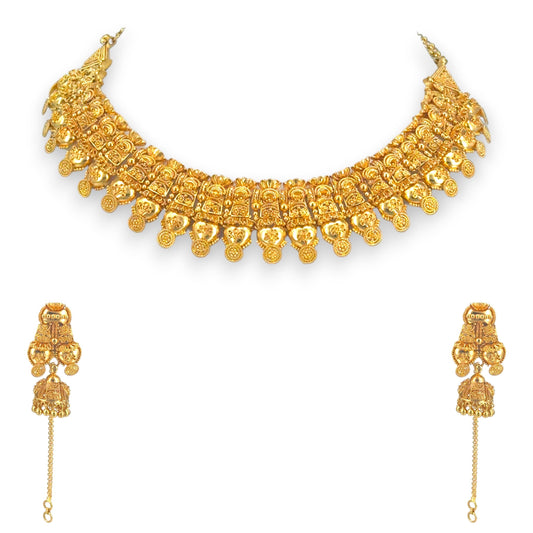22kt gold temple jewelry necklace set RJOMS3019 showcasing goddess Lakshmi coin motifs and detailed craftsmanship with matching earrings – Regal Jewels Chicago