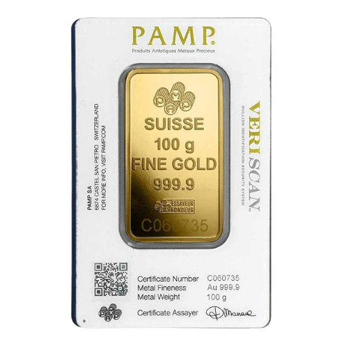 PAMP Suisse Gold Bar, 100 Gram, .9999 Pure (Display Only)