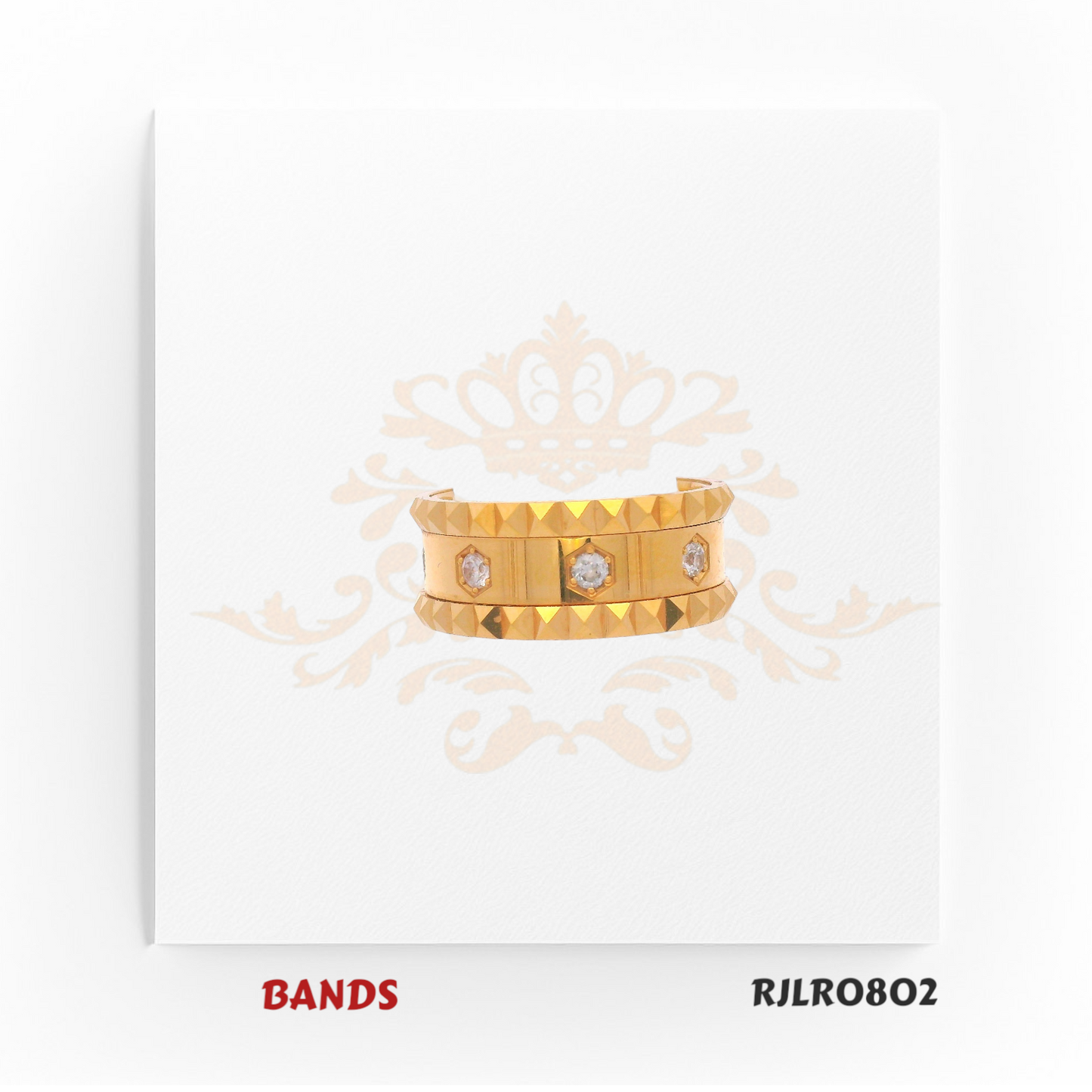 Bold 22kt yellow gold band with a faceted edge and bezel-set diamond accents. A luxurious and masculine design. Model number RJLR0802.