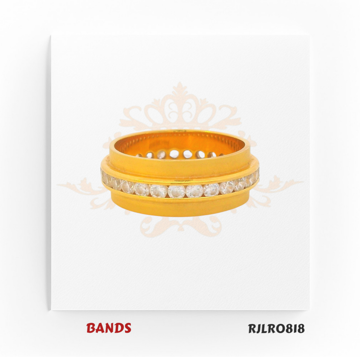 Elegant yellow gold band ring adorned with a full row of shimmering white stones encircling the center, offering a luxurious and eye-catching style. Model RJLR0818.