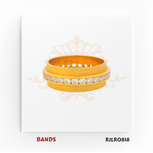 Elegant yellow gold band ring adorned with a full row of shimmering white stones encircling the center, offering a luxurious and eye-catching style. Model RJLR0818.