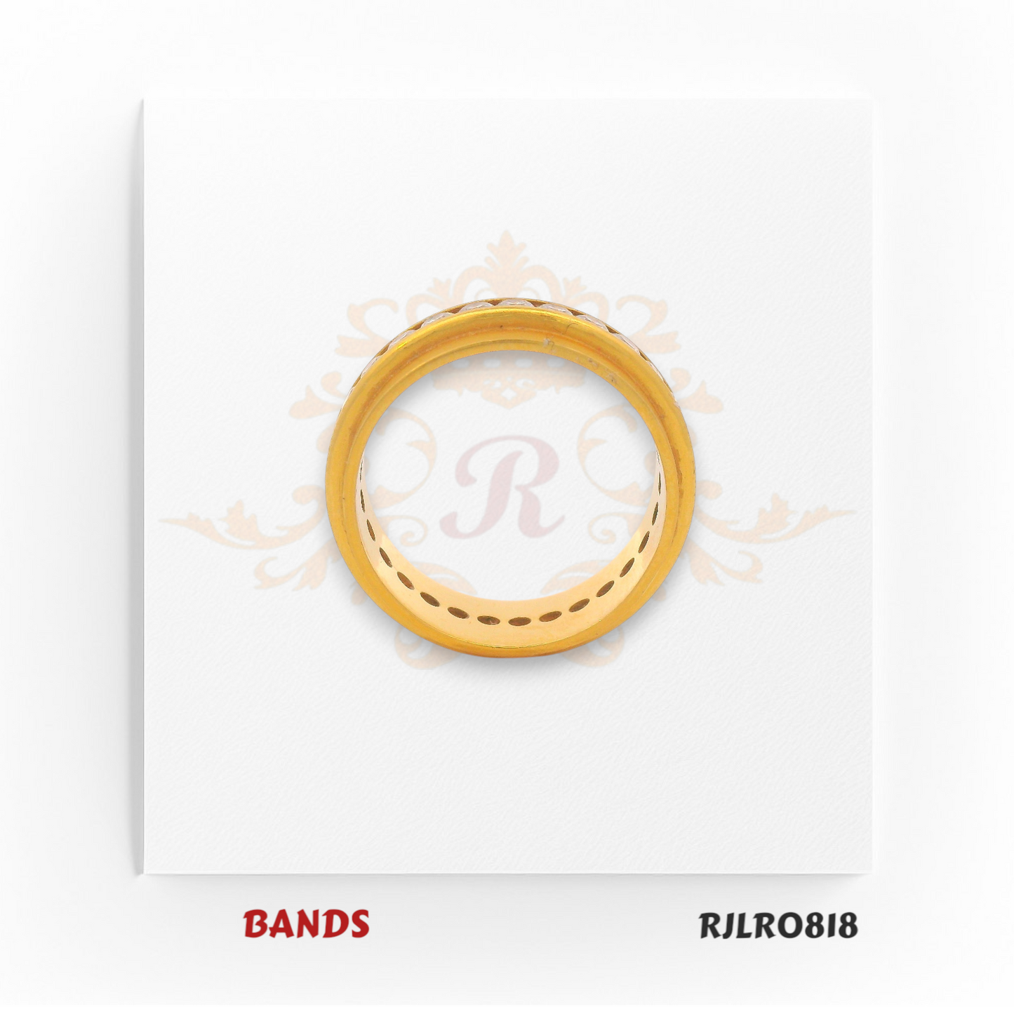 A stunning yellow gold band ring featuring a row of sparkling white stones embedded around the center, giving it a bold and elegant look. RJLR0818
