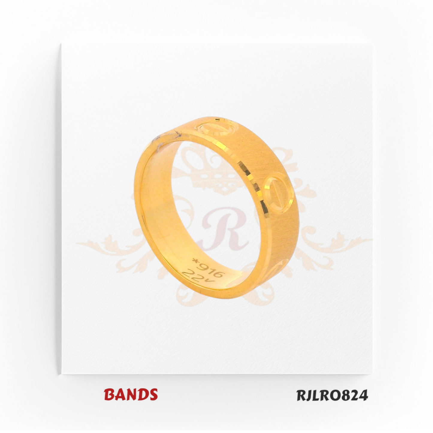 Elegant 22kt yellow gold band showcasing embossed circular designs that add depth and charm to its look. Finished with a smooth matte surface, model RJLR0824 offers a refined touch for modern jewelry lovers.