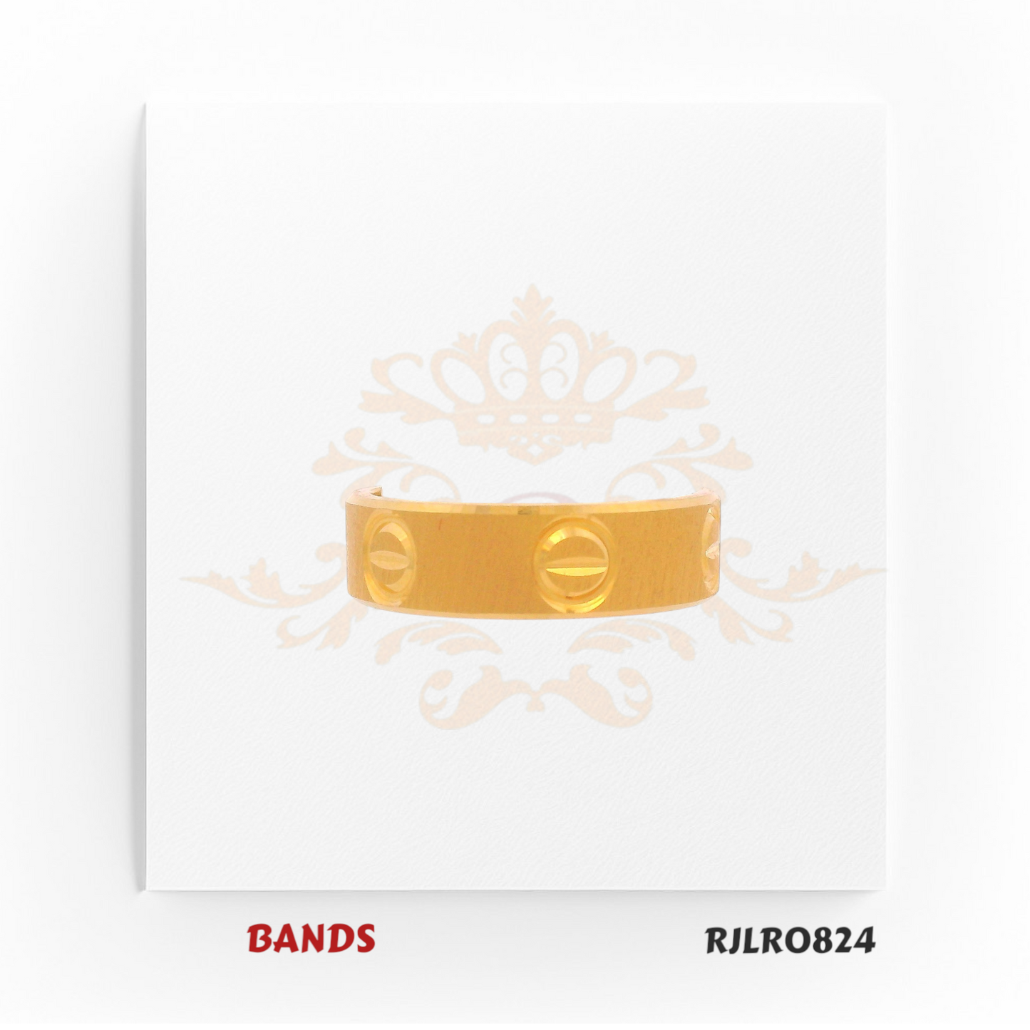 Contemporary 22kt yellow gold band with embossed circular patterns and a smooth matte finish, offering a unique and stylish look. Model number RJLR0824.
