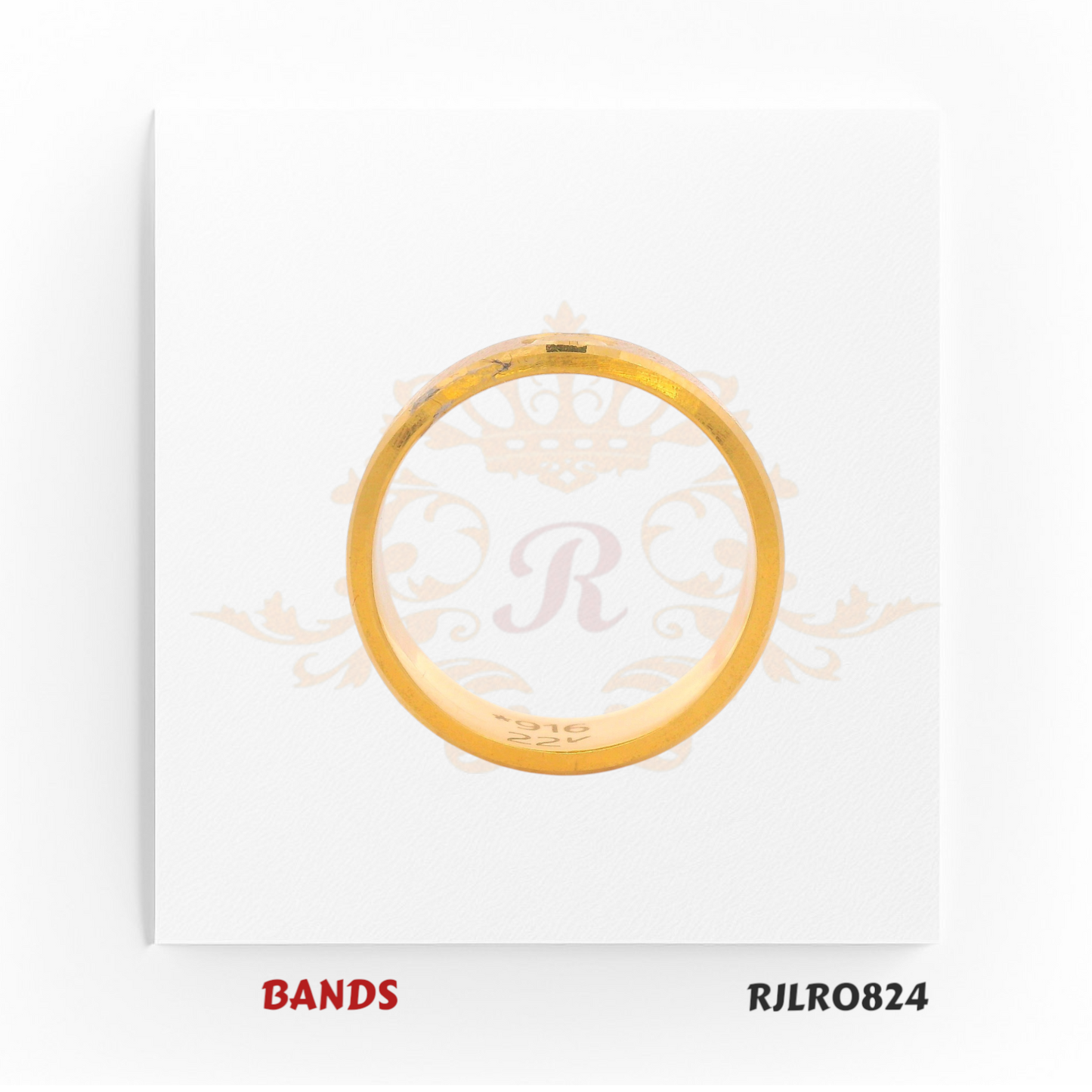 Elegant 22kt yellow gold band showcasing embossed circular designs that add depth and charm to its look. Finished with a smooth matte surface, model RJLR0824 offers a refined touch for modern jewelry lovers.