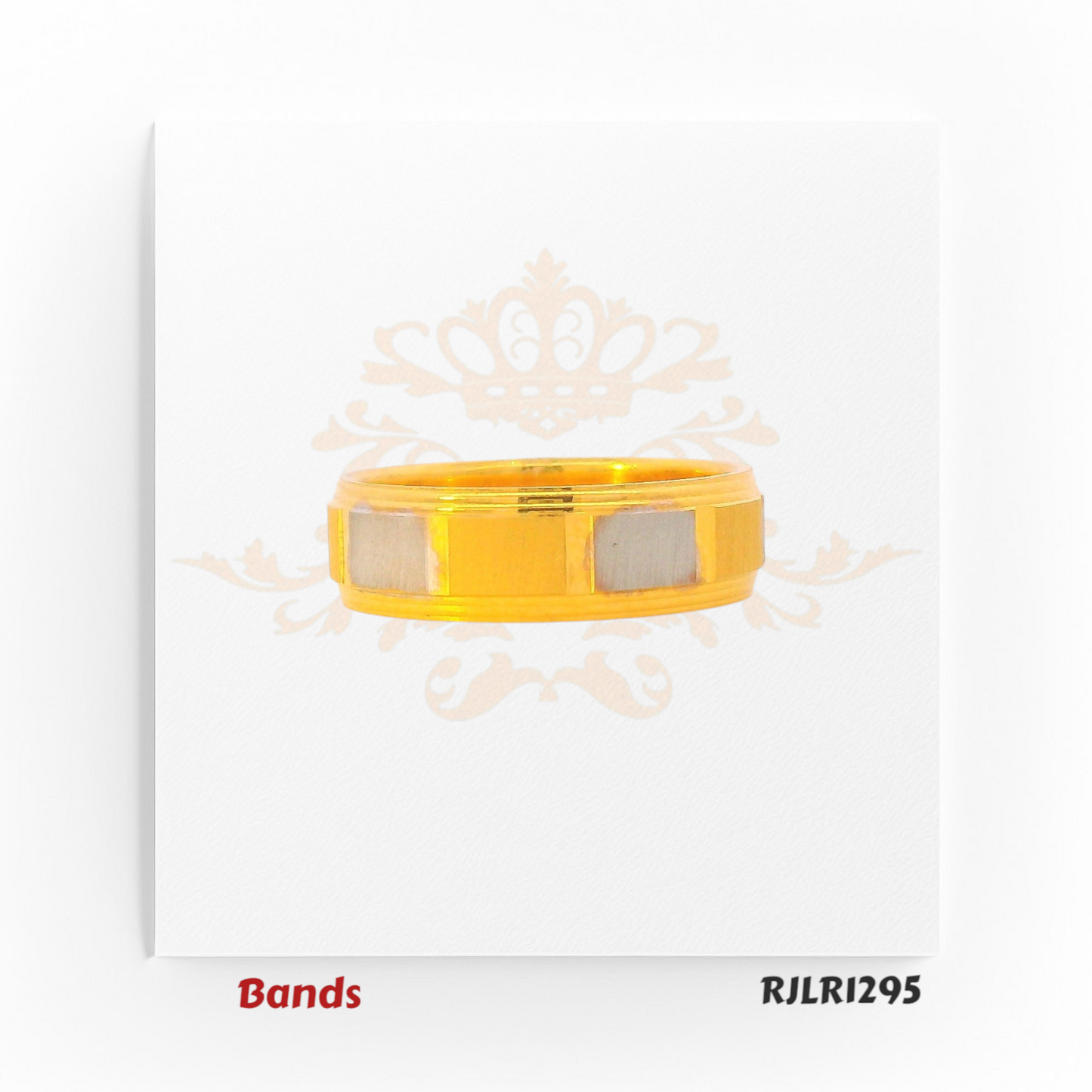 Distinctive 22kt two-tone gold band with alternating rectangular white gold panels set into a polished yellow gold base. RJLR1295