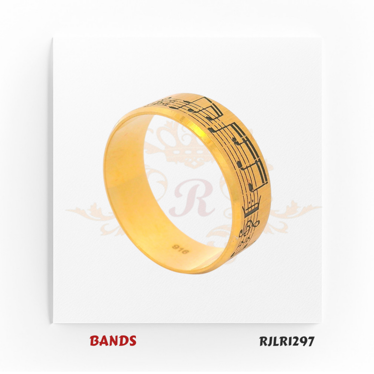 Artfully crafted 22kt yellow gold band featuring engraved black musical notes, blending elegance with a love for music. Model RJLR1297 makes the perfect gift or personal accessory for those with a creative spirit.