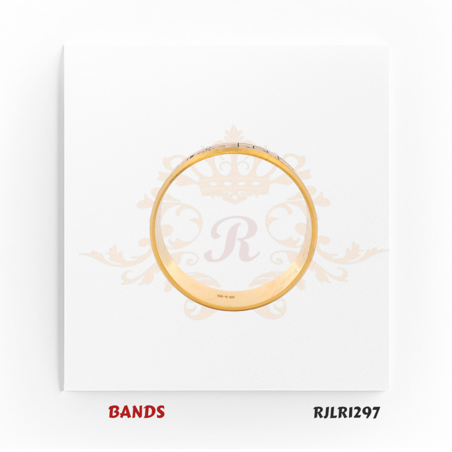 Designer 22kt yellow gold band engraved with black musical notes, perfect for music lovers or those seeking a creative statement ring. Model number RJLR1297.