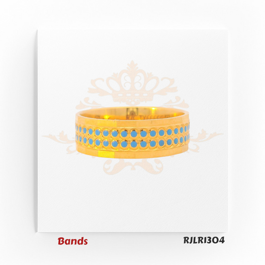 A stunning 22kt gold band featuring a vibrant sky blue enamel dot pattern arranged in a precise symmetrical grid, creating a bold and eye-catching statement piece. Model: RJLR1304.