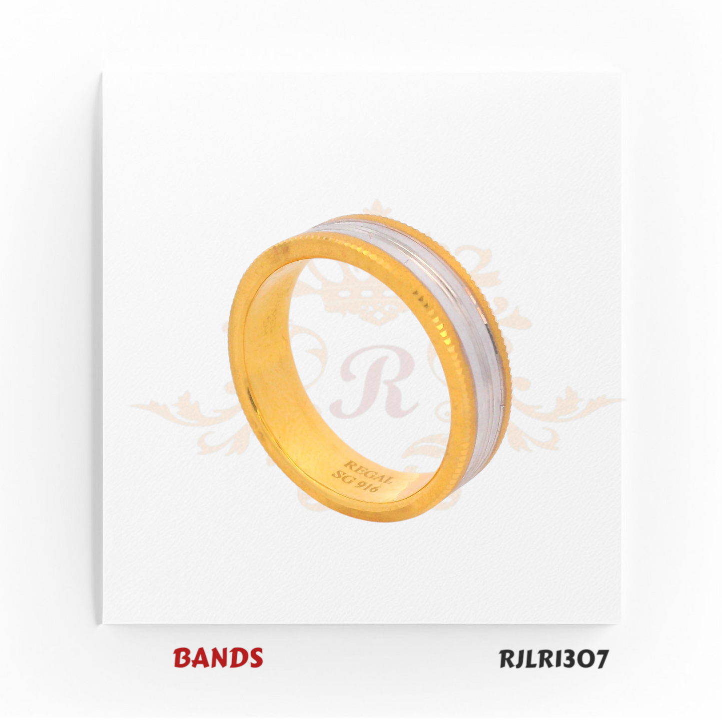 elegant 22kt gold ring with a wide white gold centerpiece framed by detailed beaded yellow gold edges, combining sophistication with standout style. RJLR1307.