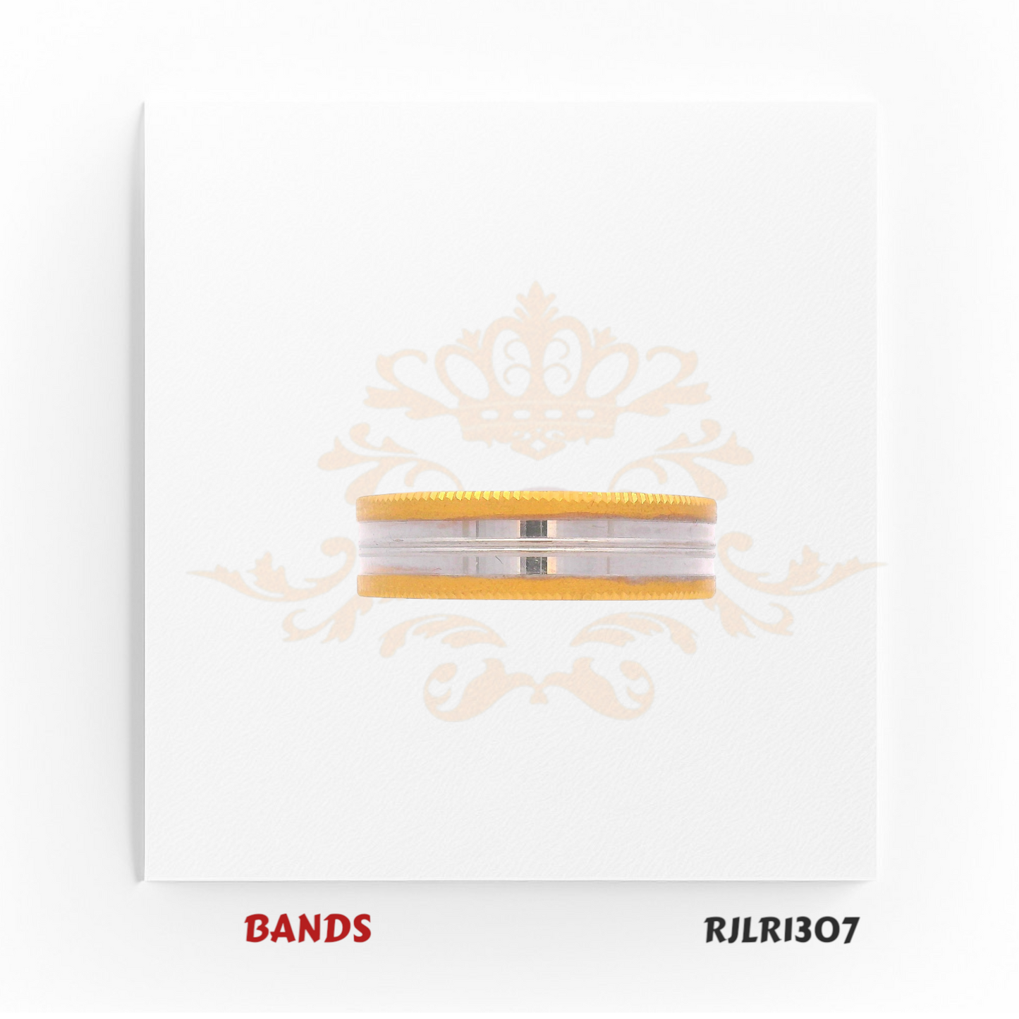 Striking 22kt gold two-tone band with a wide white gold center bordered by beaded yellow gold edges. Bold and elegant in design. Model number RJLR1307.
