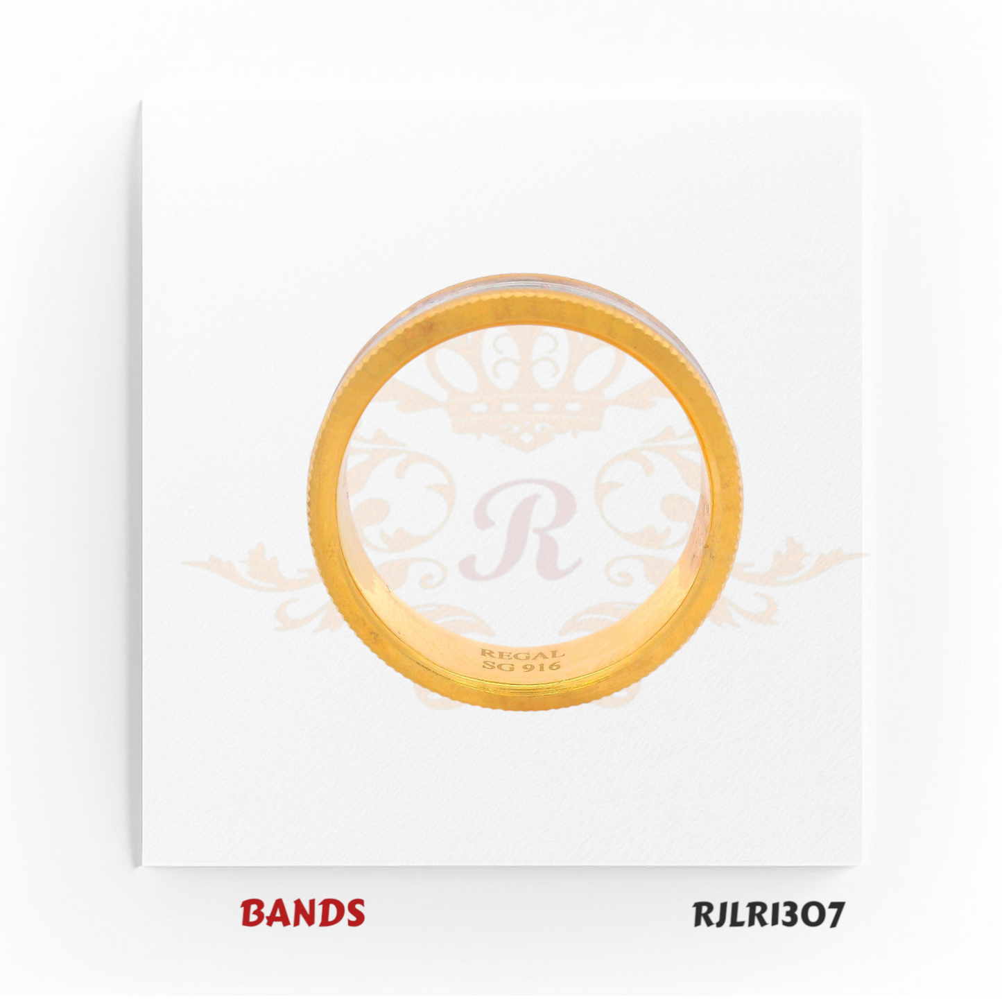 Bold 22kt two-tone gold band featuring a wide white gold center and intricate beaded yellow gold borders for a striking, elegant look. Model RJLR1307.