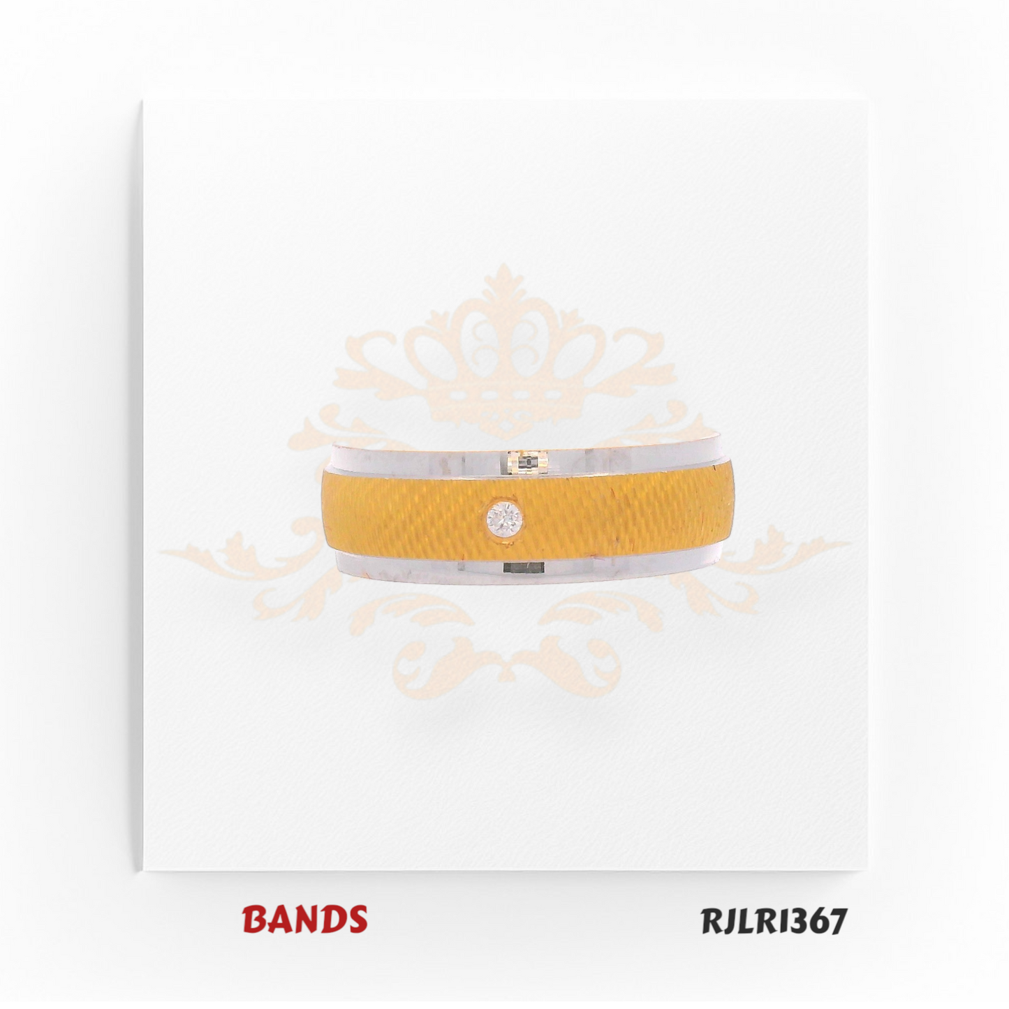 A refined 22kt gold ring combining warm yellow gold with a sleek white gold stripe, finished with a shimmering diamond accent. Model RJLR1367 is perfect for those who appreciate subtle luxury and modern detail.