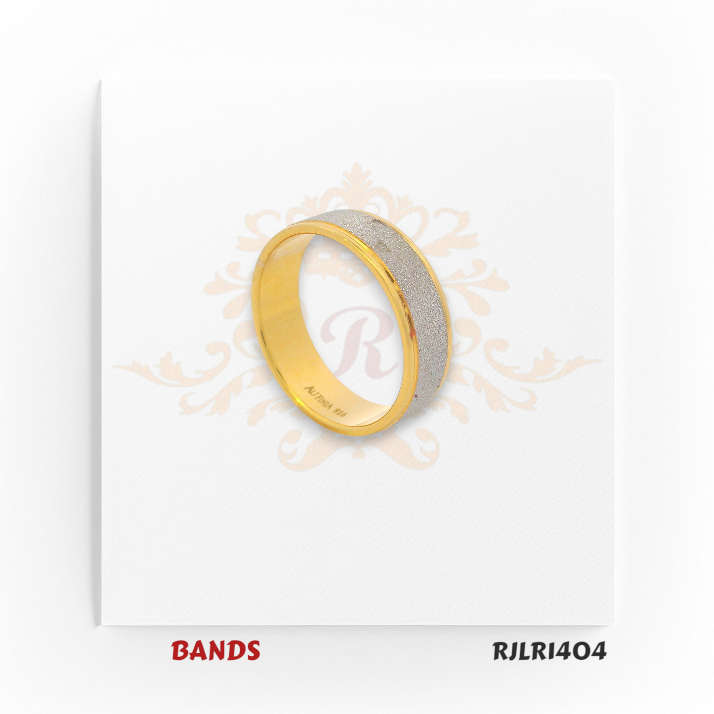 Sophisticated two-tone gold ring with a satin silver-finish center panel and glossy yellow gold borders, perfect for a stylish and elegant look. RJLR1404.