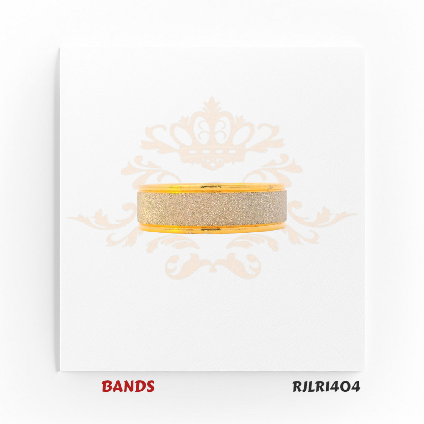 Modern dual-tone gold band ring featuring a matte silver-finish center stripe, framed by sleek polished yellow gold edges for a refined contemporary style. Model RJLR1404.