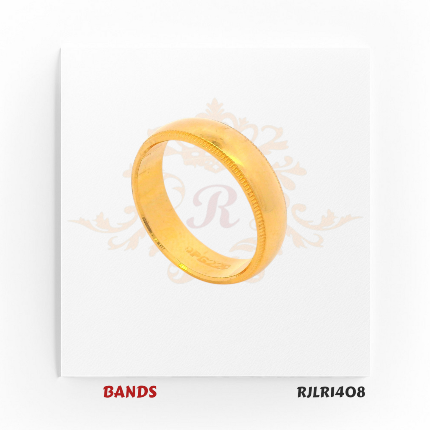 Minimalist gold ring crafted in polished yellow gold, featuring a smooth dome shape and refined etched edge for timeless style. RJLR1408.