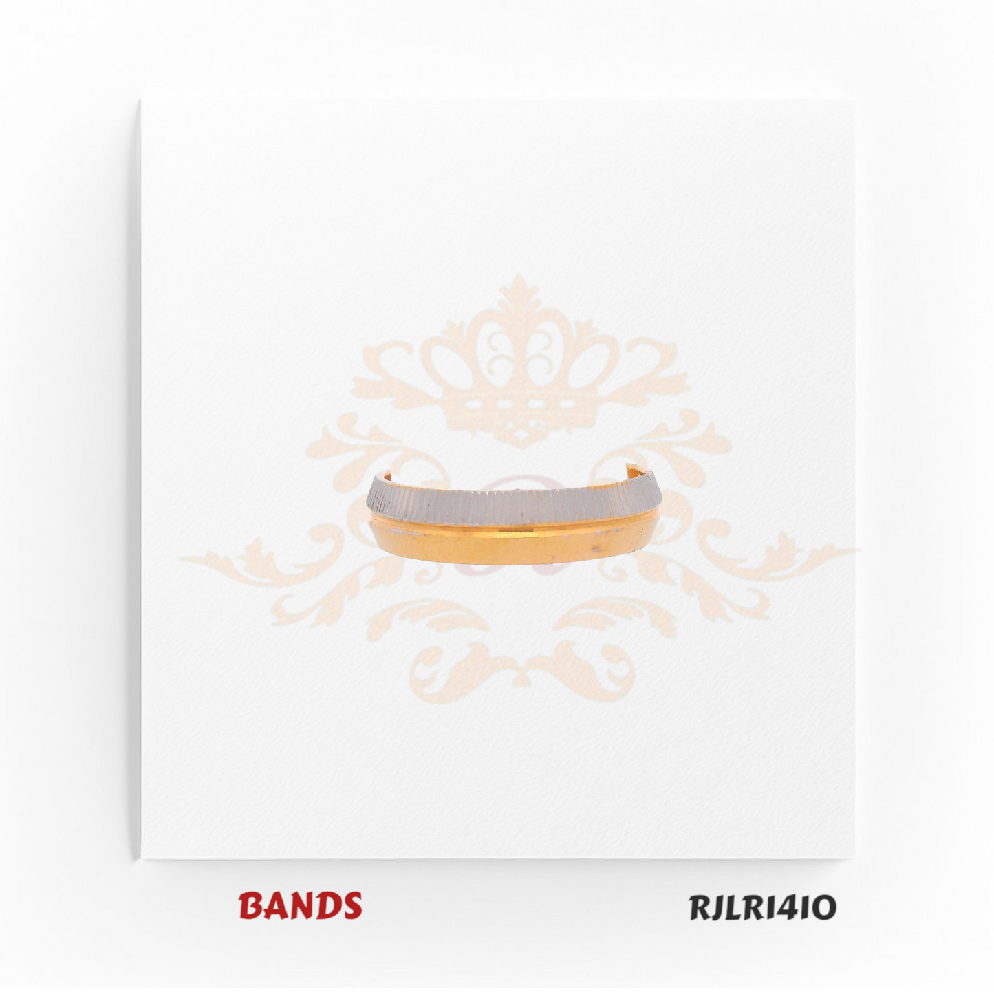 Slim 22kt two-tone gold band featuring a brushed white gold exterior paired with a polished yellow gold interior for a refined contrast. Model RJLR1410 delivers a sleek, modern style perfect for everyday elegance.