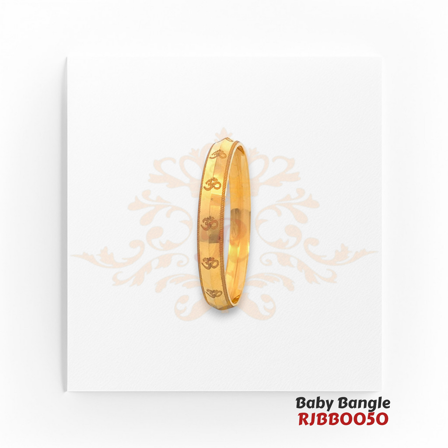 22kt Gold Baby Bangle RJBBO050 – A 10.60-gram, size 1.8 bangle featuring Om engravings, available at Regal Jewels.