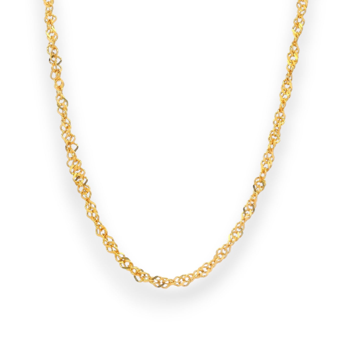 Elegant 22K gold baby chain (RJC30870) showcasing a unique twisted-link pattern with a radiant polished finish. Designed by Regal Jewels Chicago, this lightweight gold chain is perfect for newborns and toddlers — combining comfort, durability, and timeless sophistication.