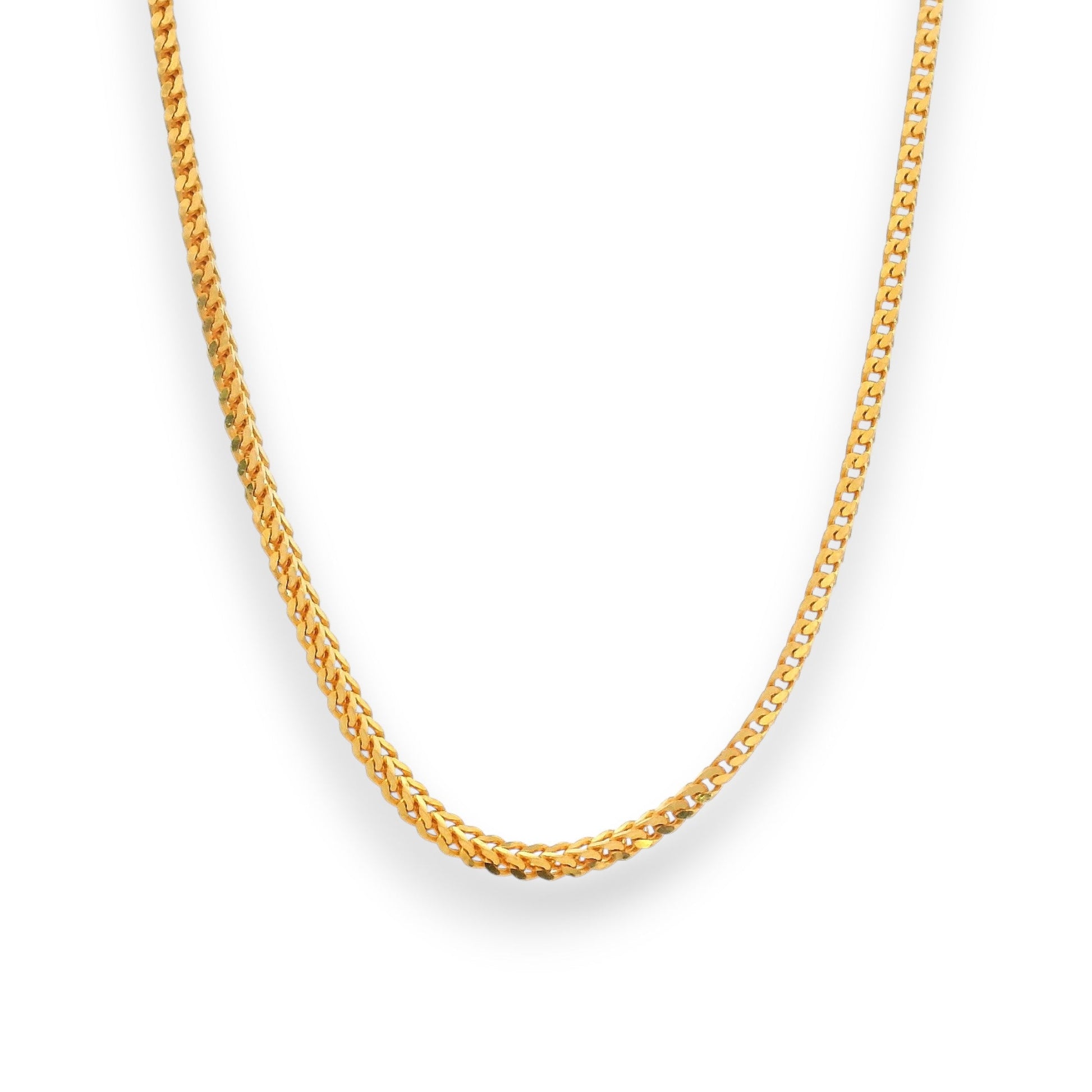 22K yellow gold baby chain with a smooth herringbone link pattern, polished to perfection and secured with a lobster clasp — ideal for everyday wear.