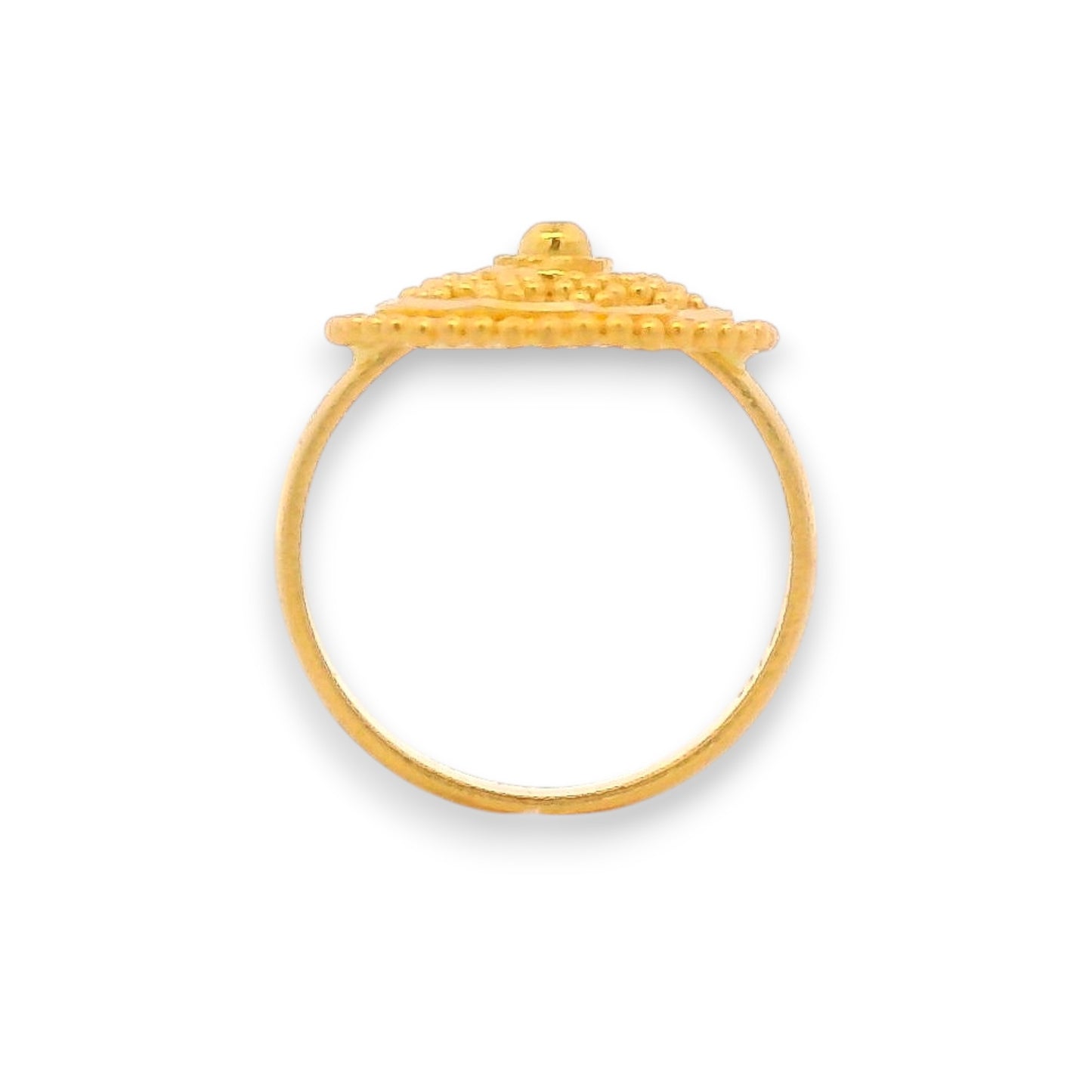 Regal Jewels RJBR3082a 22k gold baby ring side angle, circular floral filigree design with beaded accents, lightweight handcrafted gold jewelry for children – Regal Jewels Chicago