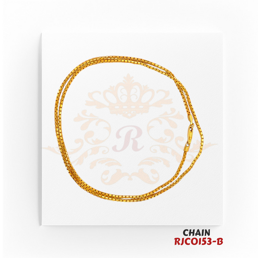 22kt Gold Box Chain RJCO153 – A sleek and durable 11.30-gram box-link gold chain, 19 inches in length. Available at Regal Jewels.
