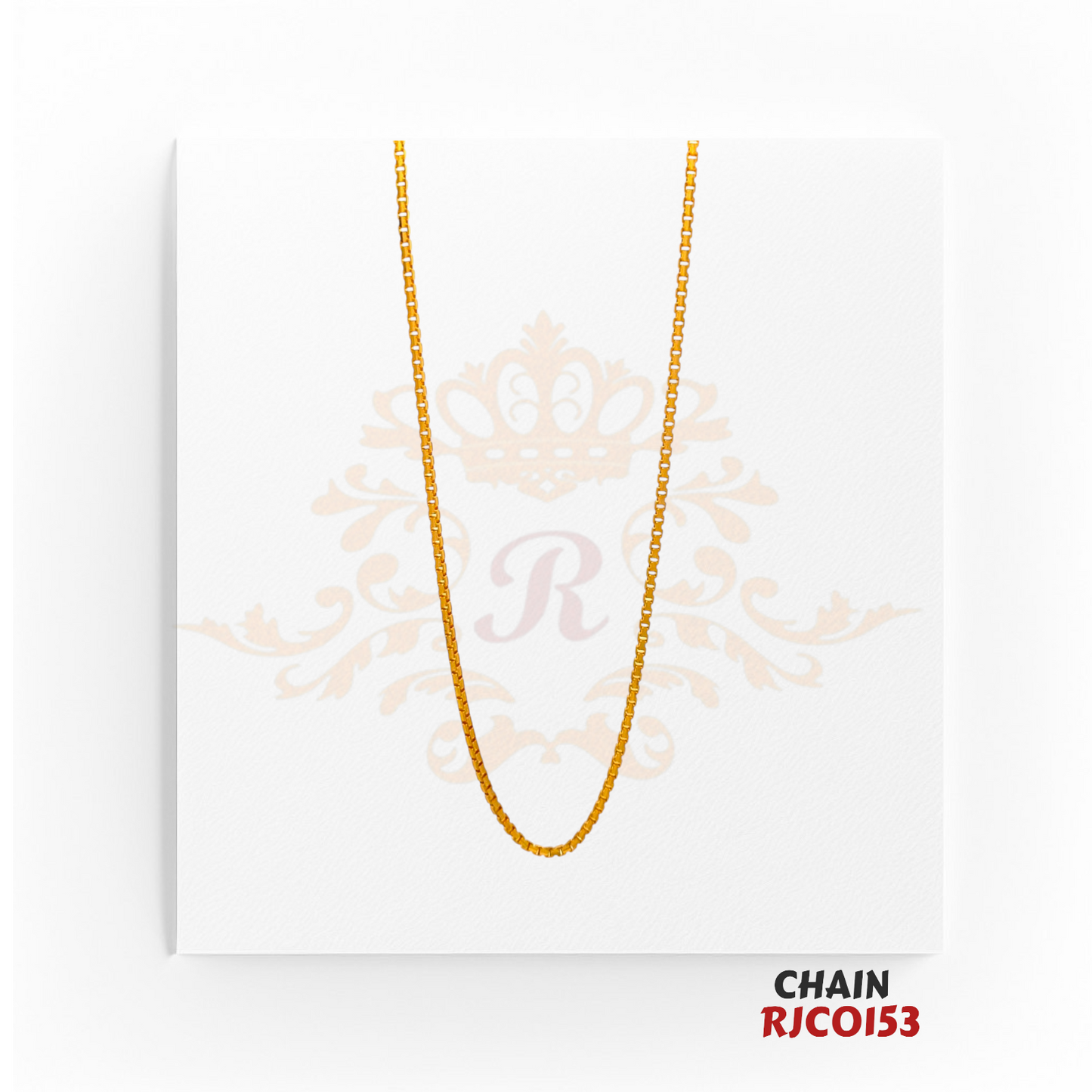 22kt Gold Box Chain RJCO153 – A sleek and durable 11.30-gram box-link gold chain, 19 inches in length. Available at Regal Jewels.