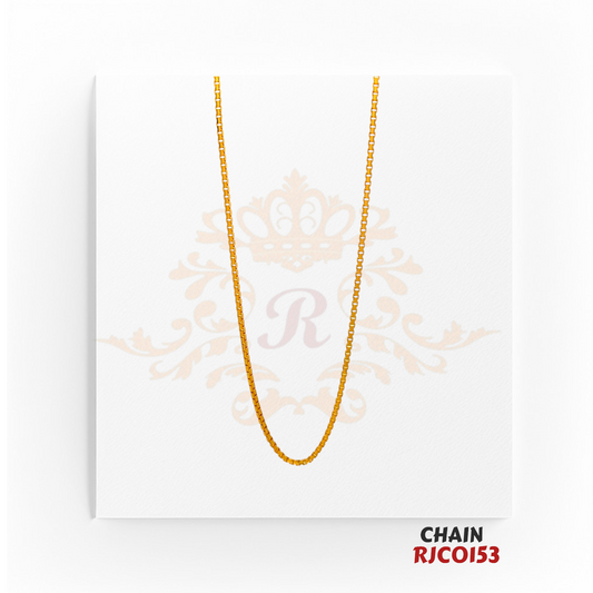 22kt Gold Box Chain RJCO153 – A sleek and durable 11.30-gram box-link gold chain, 19 inches in length. Available at Regal Jewels.