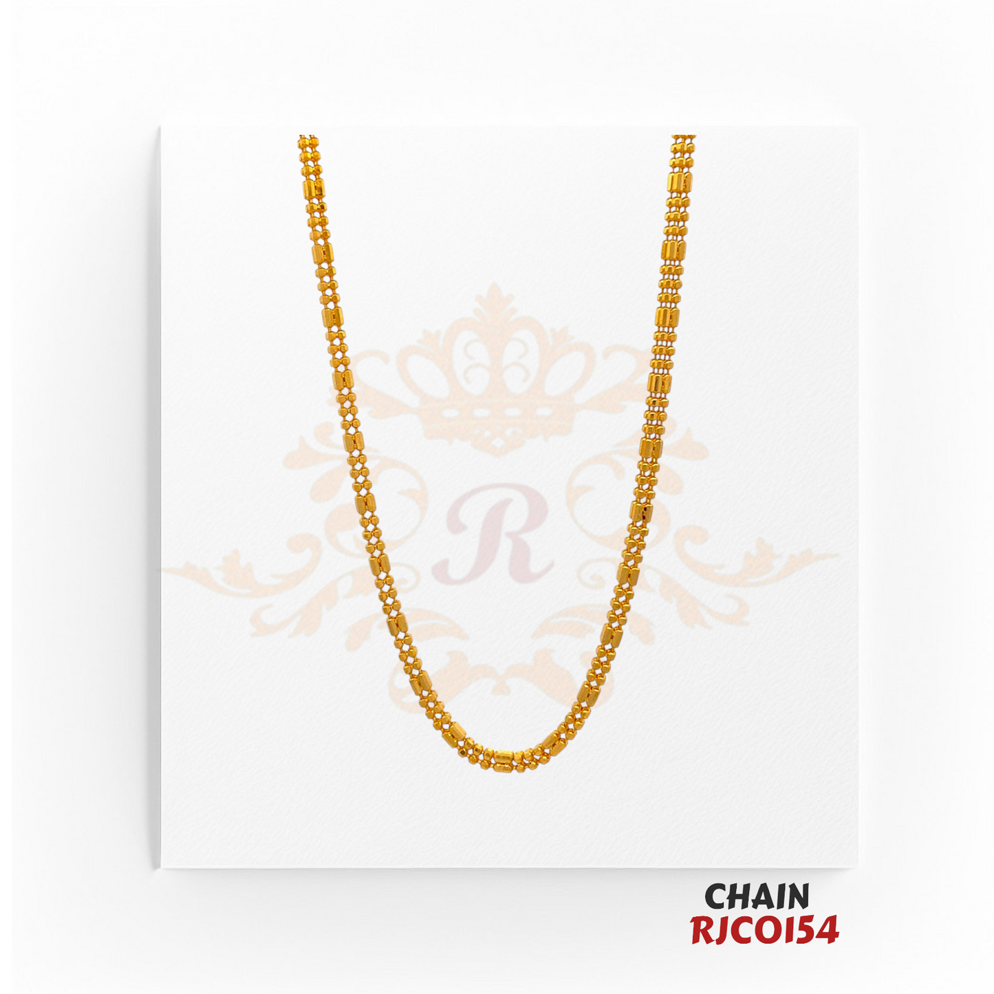 "22kt Gold Fancy Bead Chain RJCO154 – A lightweight 8.4-gram gold chain with intricate beadwork, 15 inches in length. Available at Regal Jewels.