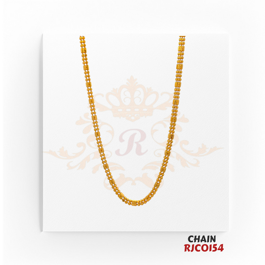 "22kt Gold Fancy Bead Chain RJCO154 – A lightweight 8.4-gram gold chain with intricate beadwork, 15 inches in length. Available at Regal Jewels.