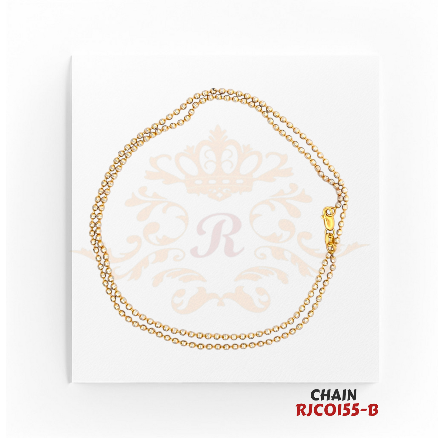 22kt Two-Tone Gold Beaded Chain RJCO155 – A 7.90-gram delicate gold and rhodium beaded chain, 19 inches in length. Available at Regal Jewels.