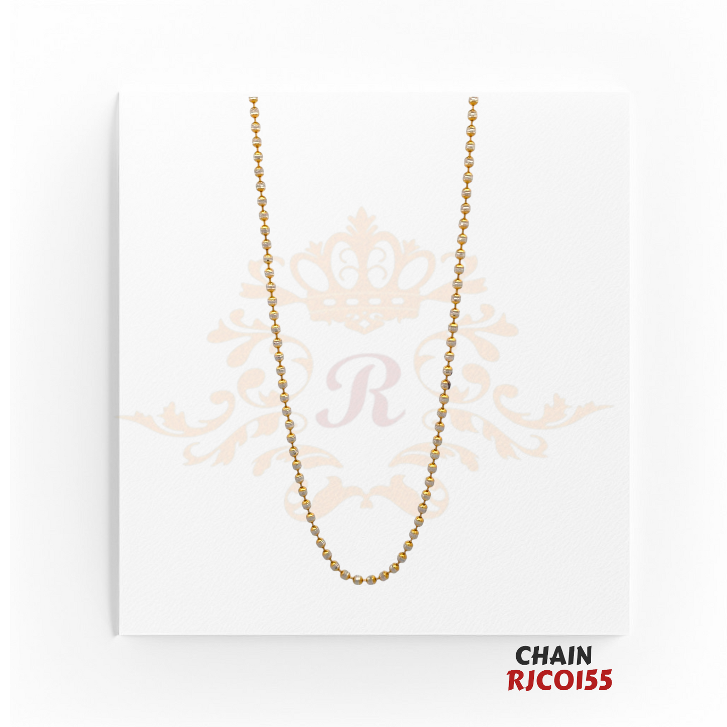 22kt Two-Tone Gold Beaded Chain RJCO155 – A 7.90-gram delicate gold and rhodium beaded chain, 19 inches in length. Available at Regal Jewels.