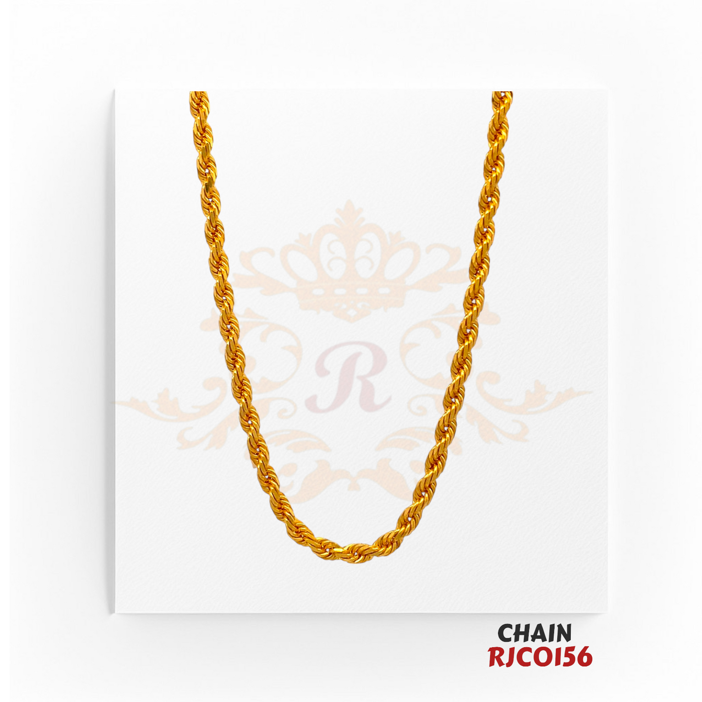 22kt Gold Rope Chain RJCO156 – A 14.20-gram classic rope chain, 16 inches in length. Available at Regal Jewels.