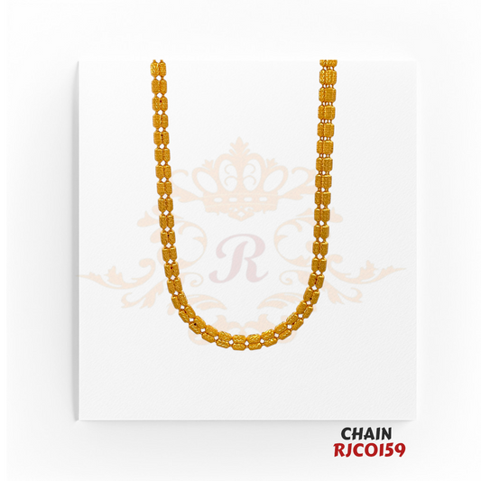 22kt Gold Diamond-Cut Barrel Bead Chain RJCO159 – A 17.20-gram, 16-inch chain with a textured barrel bead design. Available at Regal Jewels.