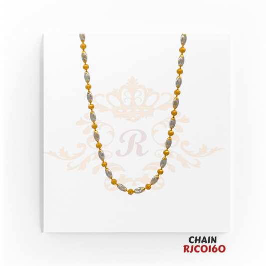 22kt Two-Tone Gold Oval Bead Chain RJCO160 – A 7.50-gram, 16-inch yellow gold and rhodium-finished chain. Available at Regal Jewels.