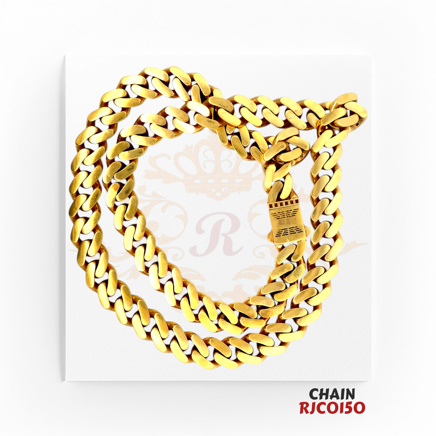 22kt Gold Heavy Curb Chain RJCO150 – A 67.00-gram, 20-inch bold and durable chain with a polished finish, available at Regal Jewels.