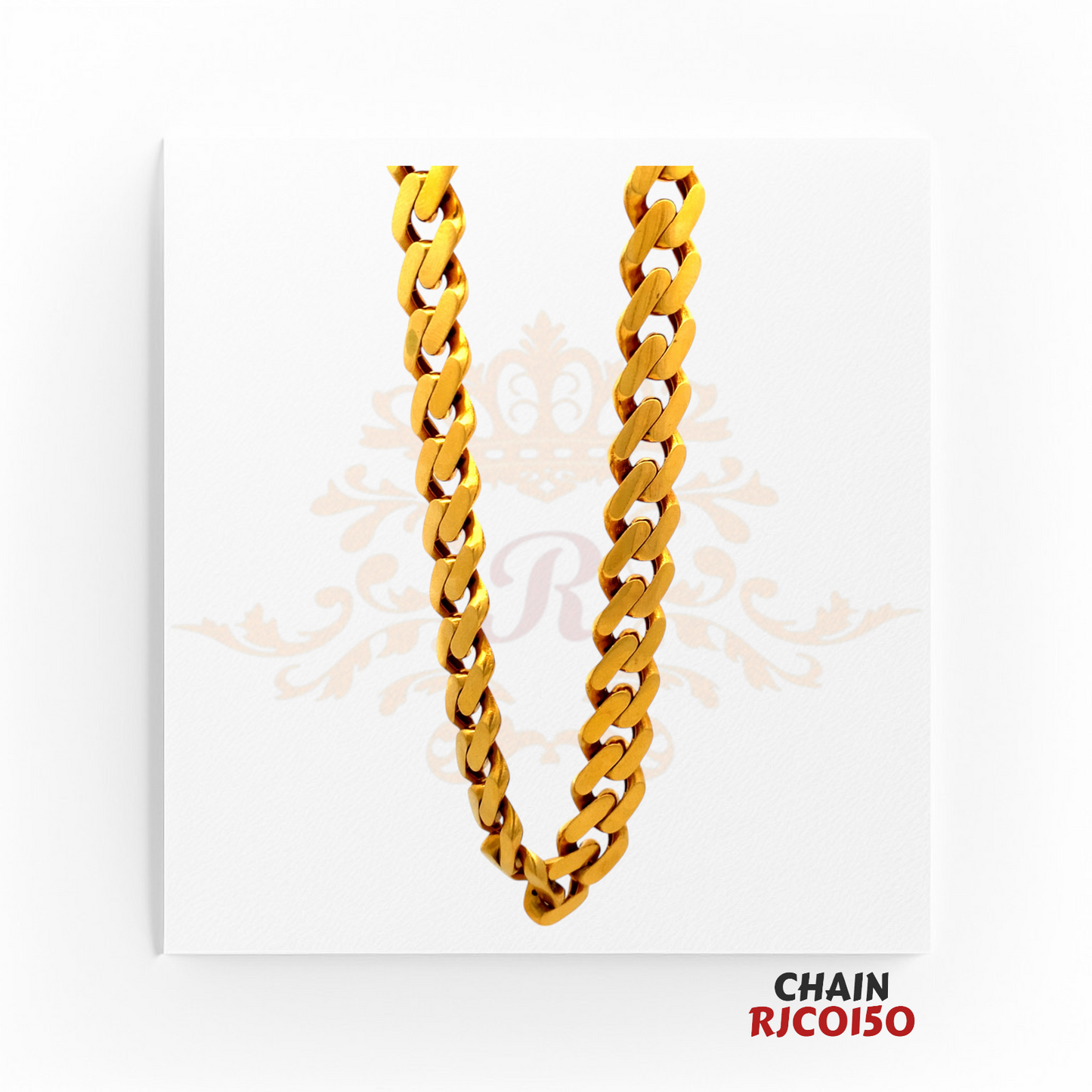22kt Gold Heavy Curb Chain RJCO150 – A 67.00-gram, 20-inch bold and durable chain with a polished finish, available at Regal Jewels.