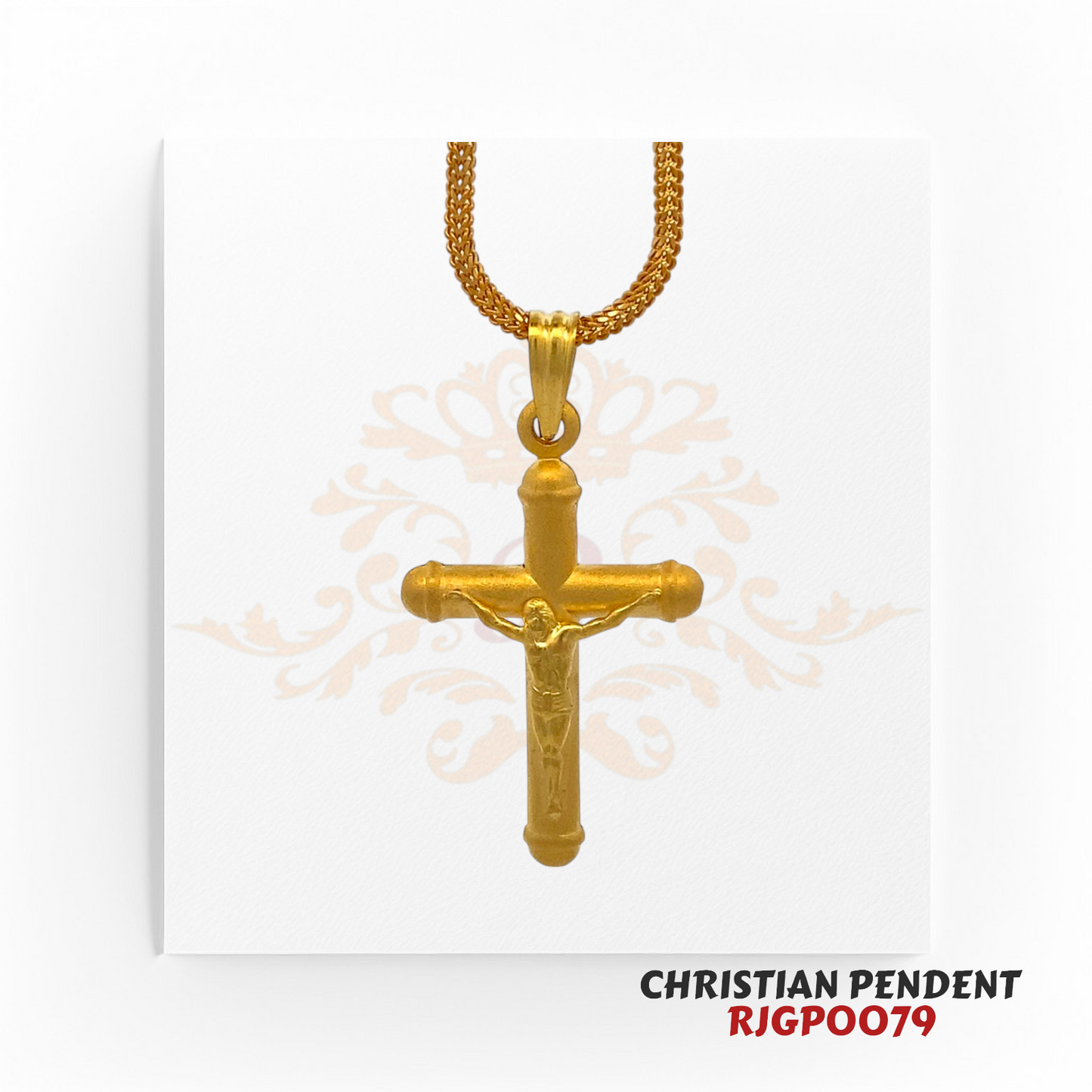 22K gold Christian cross pendant featuring Jesus on the crucifix, elegantly designed with a polished finish. Product code: RJGPOO79.