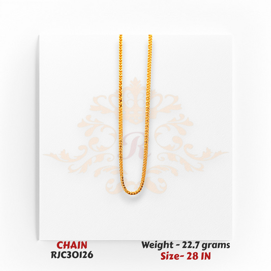 22kt Gold Long Chain – Sleek Herringbone Link Pattern – 22.7 grams, 28 inch – RJC30126