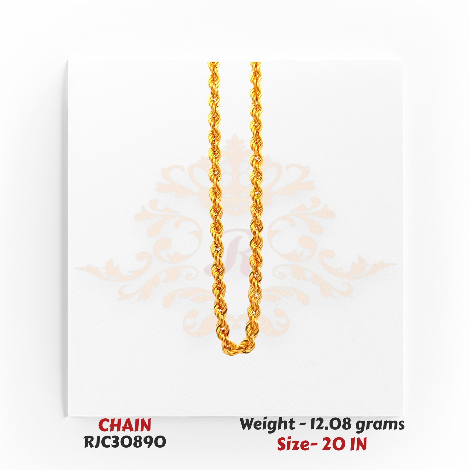 22kt Gold Rope Chain – Classic Twisted Link Design – 12.08 grams, 20 inch – RJC30890