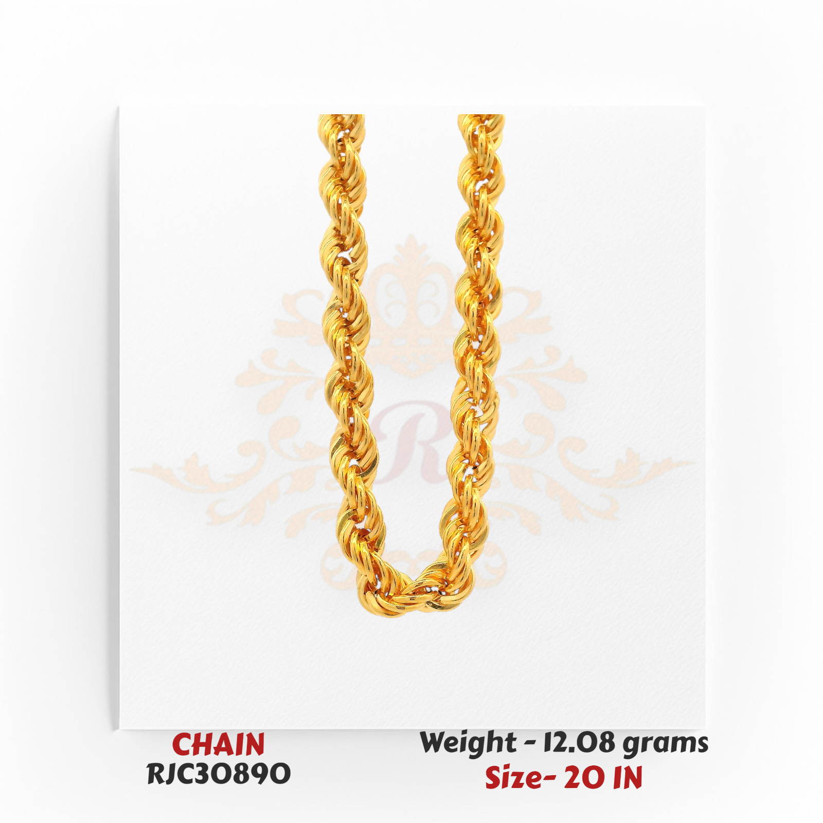 Close-up of 22kt Gold Rope Chain – Polished Twisted Texture – 12.08 grams, 20 inch – RJC30890