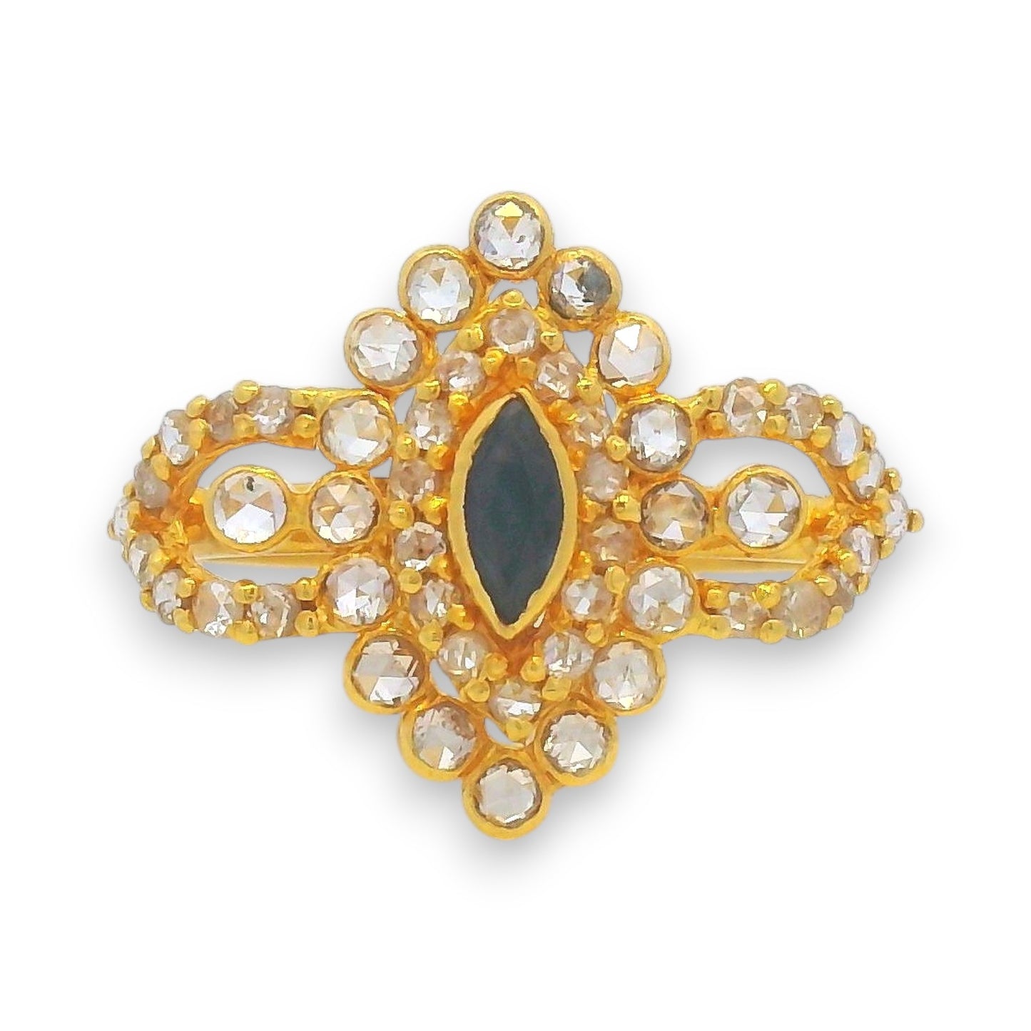 22kt Gold Blue Sapphire Diamond Ring RJDR3231 – Elegant uncut diamond cocktail ring with navette sapphire centerpiece and Kundan design
