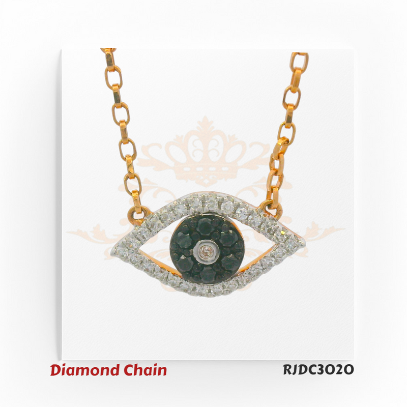 14kt yellow gold Evil Eye necklace featuring a black diamond circular center with surrounding white diamonds, set on a gold chain. Product code RJDC3020. Weight 2.58 grams. Total diamond weight 0.15 carats. Clarity VS1/VS2, Color F–G.