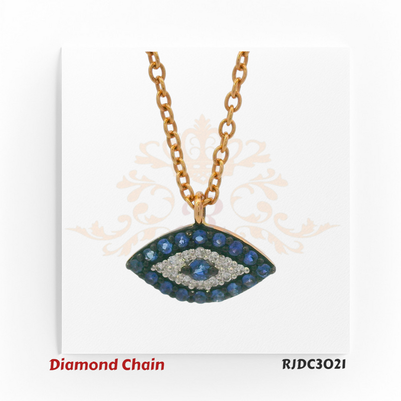 14kt yellow gold Evil Eye necklace with deep blue sapphires and center diamond accent, featuring round diamond and sapphire setting on a gold chain. Product Code RJDC3021. Weight 2.44 grams. Diamond 0.04ct. Sapphire 0.15ct. VS1/VS2 F–G color stones.