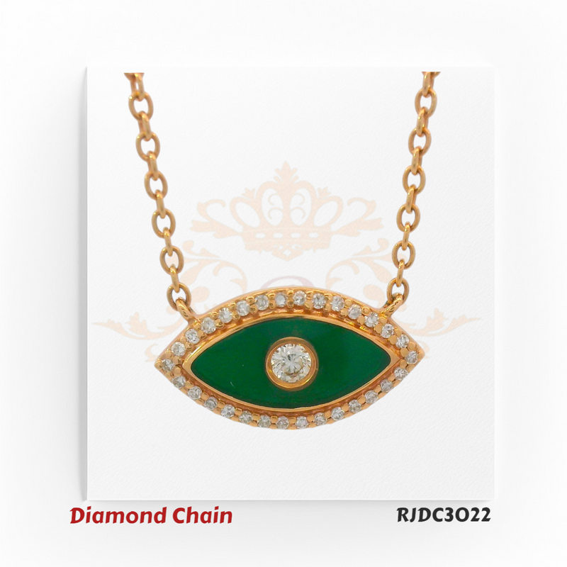 14kt gold Evil Eye diamond necklace with green enamel and center diamond, surrounded by VS1/VS2 F–G color diamonds, product code RJDC3022, total weight 2.95 grams, diamond weight 0.11 carats.