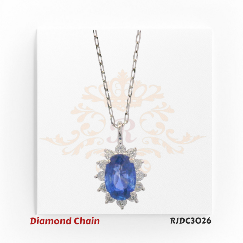 Elegant platinum and 18kt chain featuring a blue sapphire with diamond halo – RJDC3026
